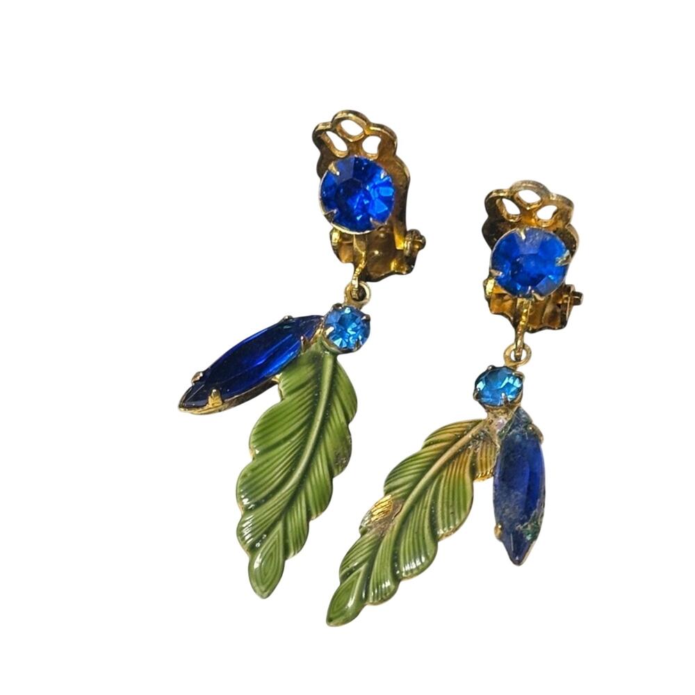 Vintage Blue and Green Leaf Drop Clip On Earrings